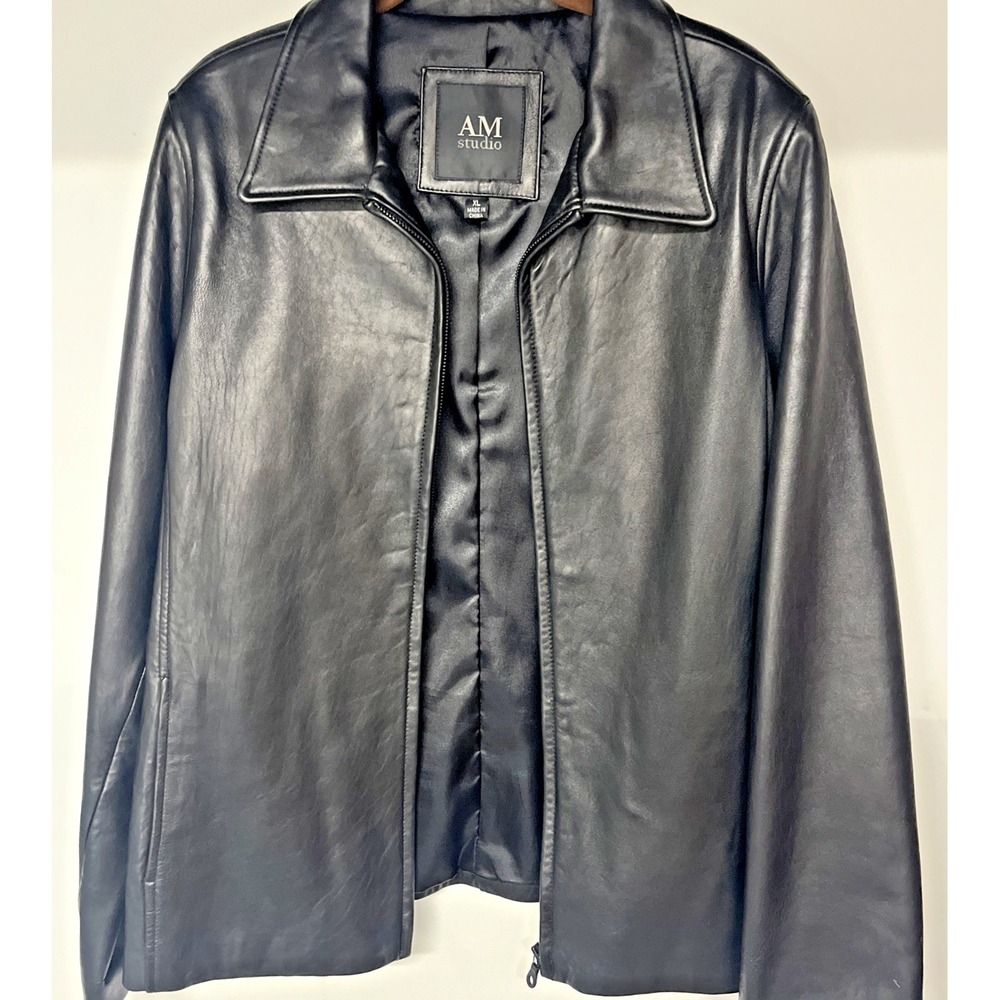 AM Studio‎ 100 Percent Lamb Leather Jacket Womens XL Black Minimalist Shirt Coat